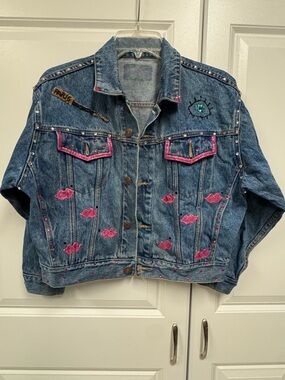 Vintage Jordache Cropped Jean Jacket Embellished Blue Denim Sz Med Glam Pink